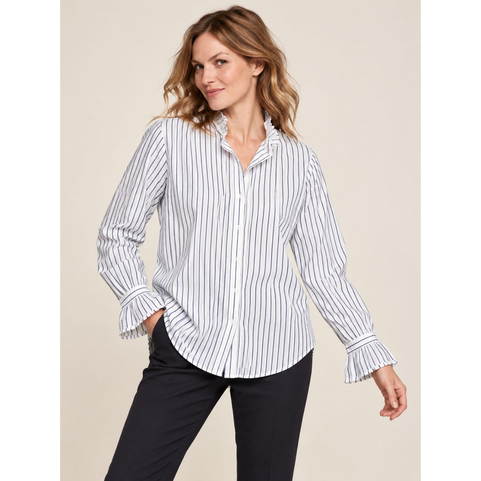 Wnu With Nothing Underneath Kew Striped Cotton Blouse Us 12 Ruffle Collar — image 3 of 8
